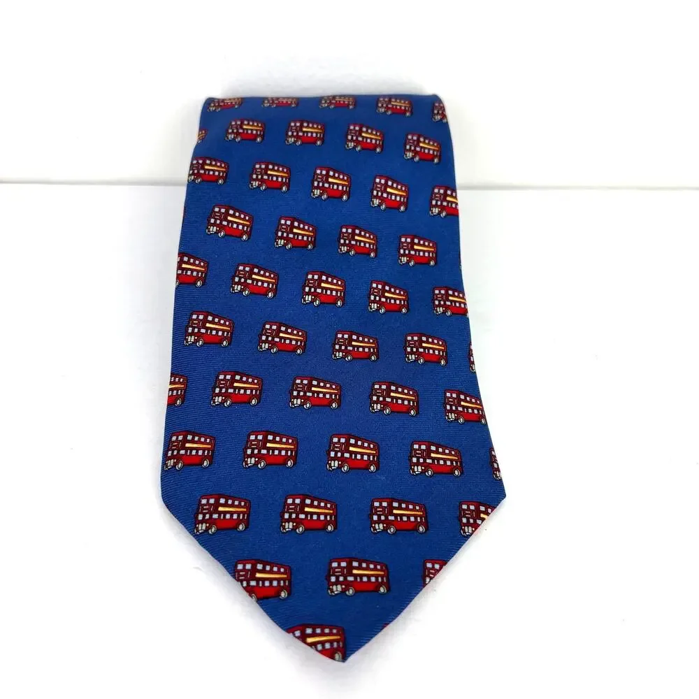 Silk Tie London Double Decker Bus Print Beaufort Tie Rack 100% silk vintage blue